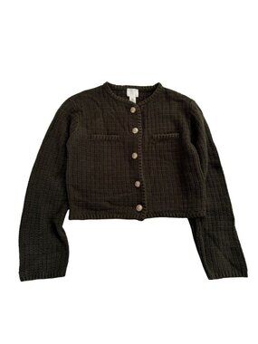 H&M Short Textured-Knit Classic Cardigan in Olive Green – Size M